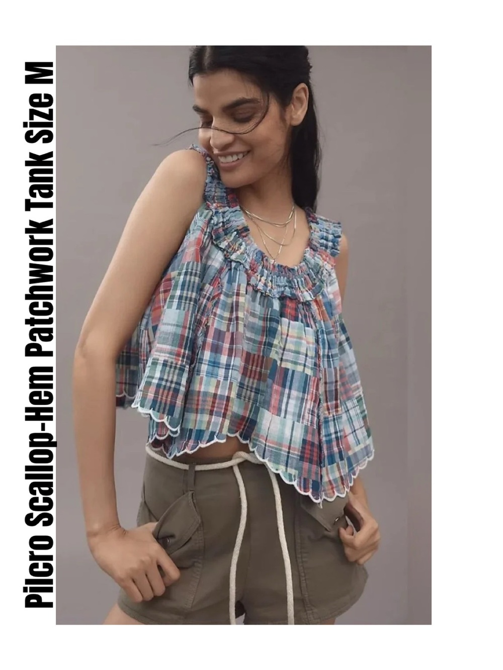 Pilcro Anthropologie 100% Cotton Scallop Hem Patchwork Plaid Tank $118 Women M